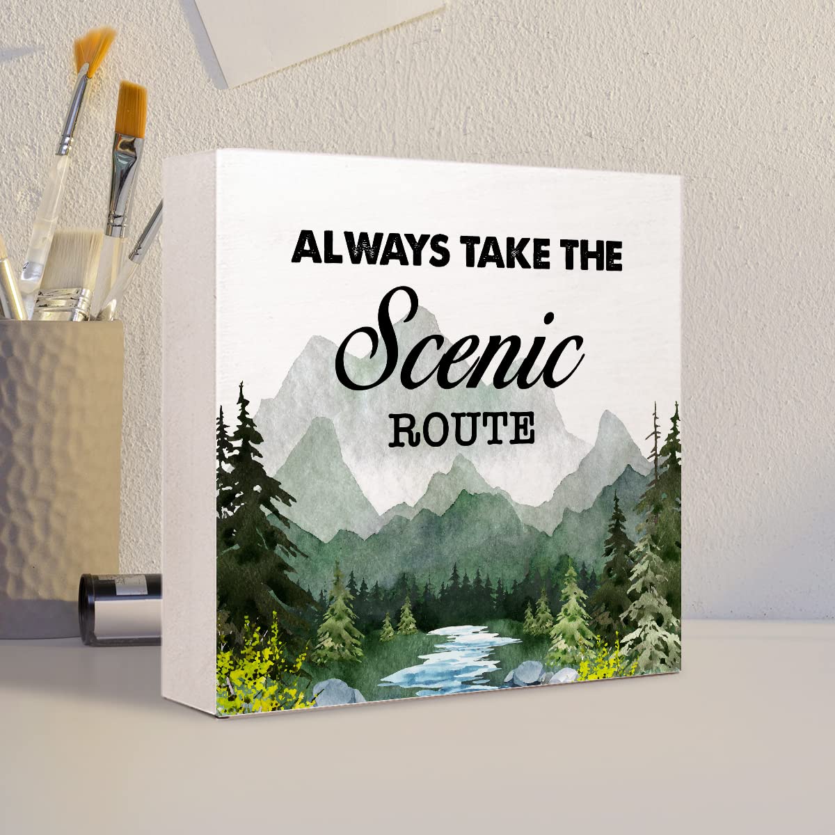 Green Always Take the Scenic Route Woodland Backdrop Camping Wood Plaque Sign Desk Decor