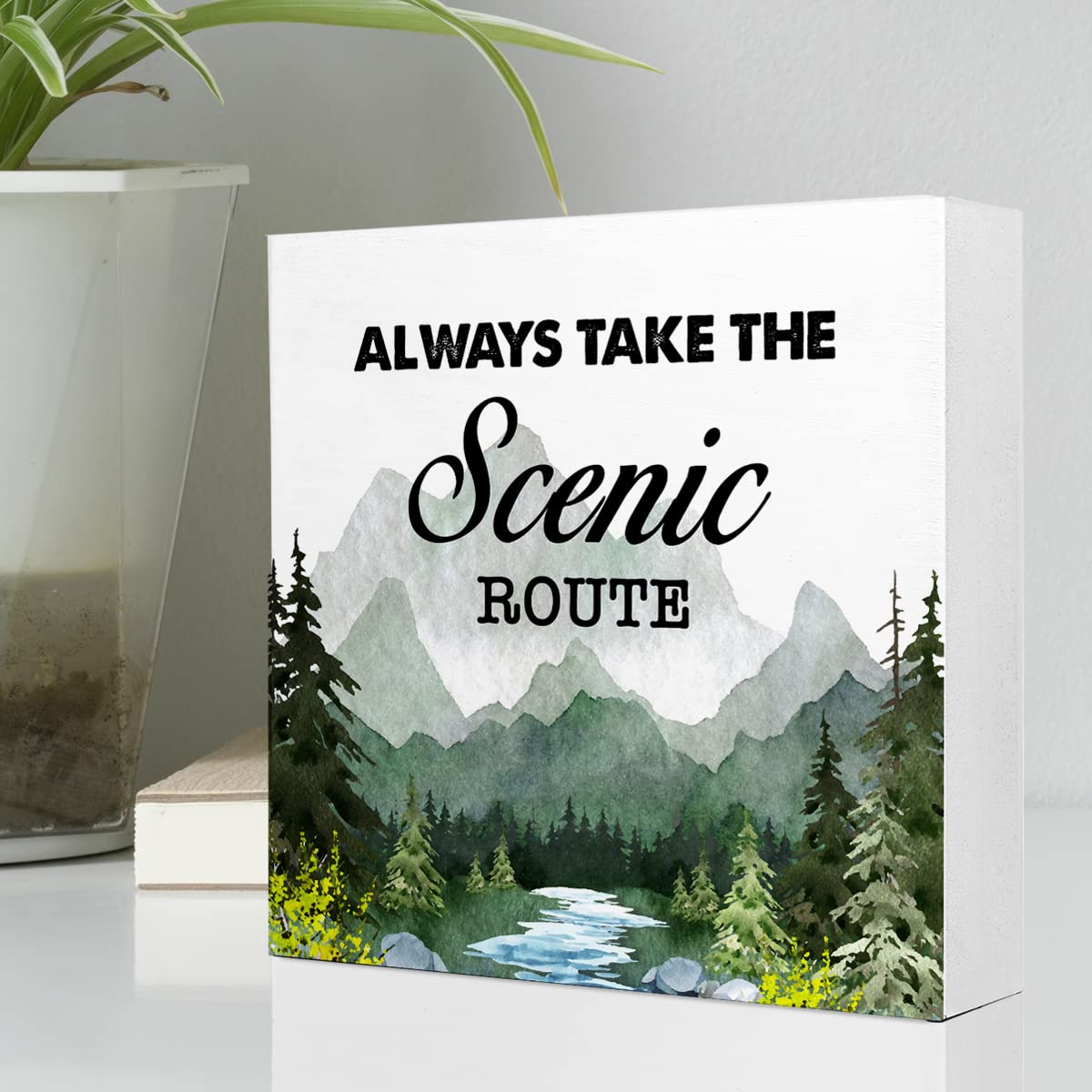 Green Always Take the Scenic Route Woodland Backdrop Camping Wood Plaque Sign Desk Decor