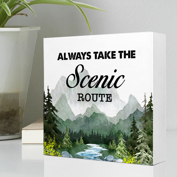 Green Always Take the Scenic Route Woodland Backdrop Camping Wood Plaque Sign Desk Decor