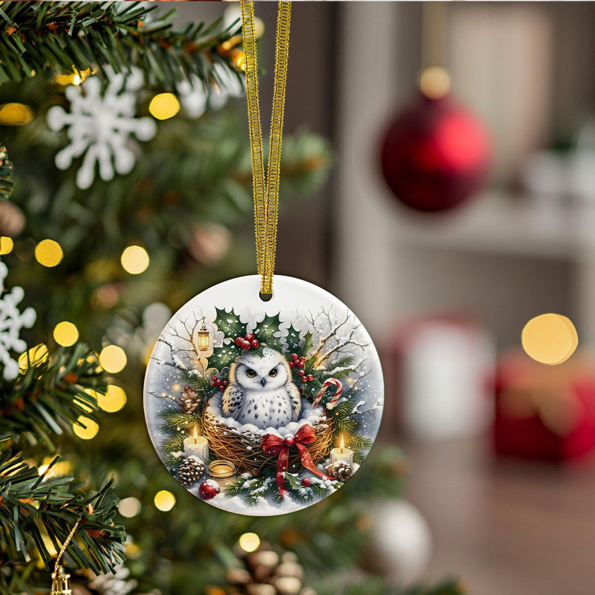 Winter Owl Christmas Christmas Ornaments, Christmas Wreath White Owl Ornaments for Tree, Gifts for Owls Lovers