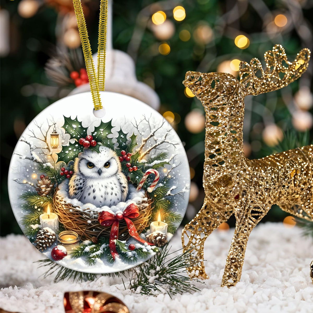Winter Owl Christmas Christmas Ornaments, Christmas Wreath White Owl Ornaments for Tree, Gifts for Owls Lovers