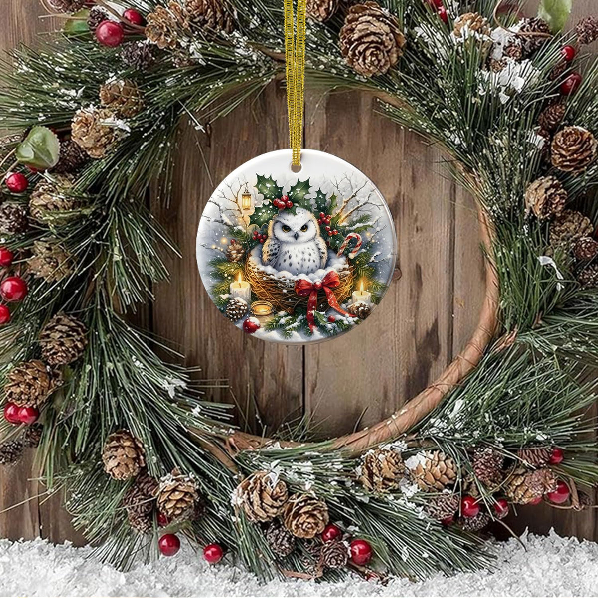Winter Owl Christmas Christmas Ornaments, Christmas Wreath White Owl Ornaments for Tree, Gifts for Owls Lovers
