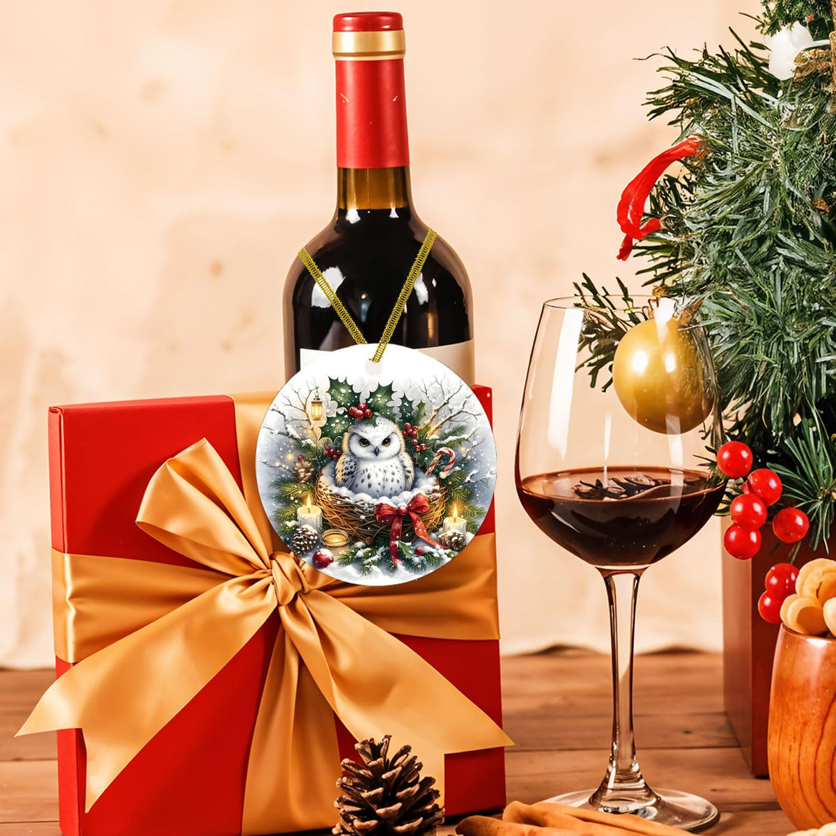 Winter Owl Christmas Christmas Ornaments, Christmas Wreath White Owl Ornaments for Tree, Gifts for Owls Lovers