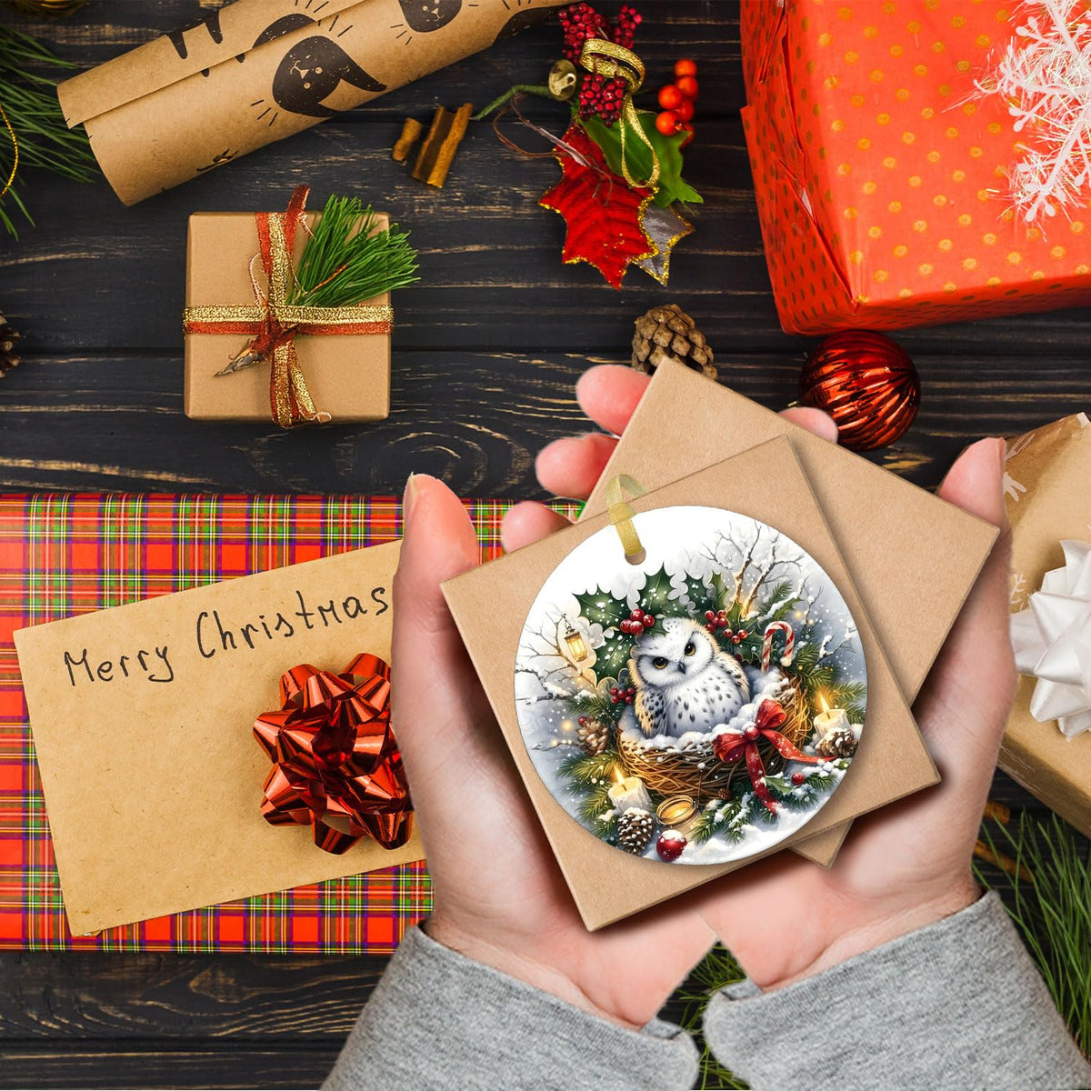 Winter Owl Christmas Christmas Ornaments, Christmas Wreath White Owl Ornaments for Tree, Gifts for Owls Lovers