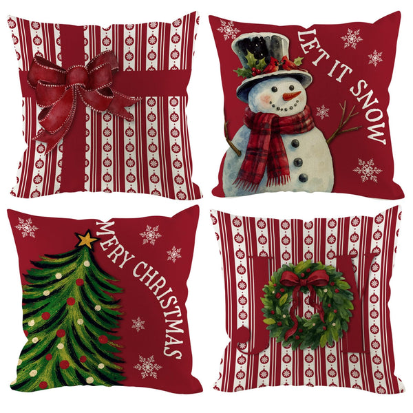 Christmas Pillow Covers 18x18 inch Set of 4, Holiday Winter Outdoor Red Plaid Vintage Tree Snowflake Xmas