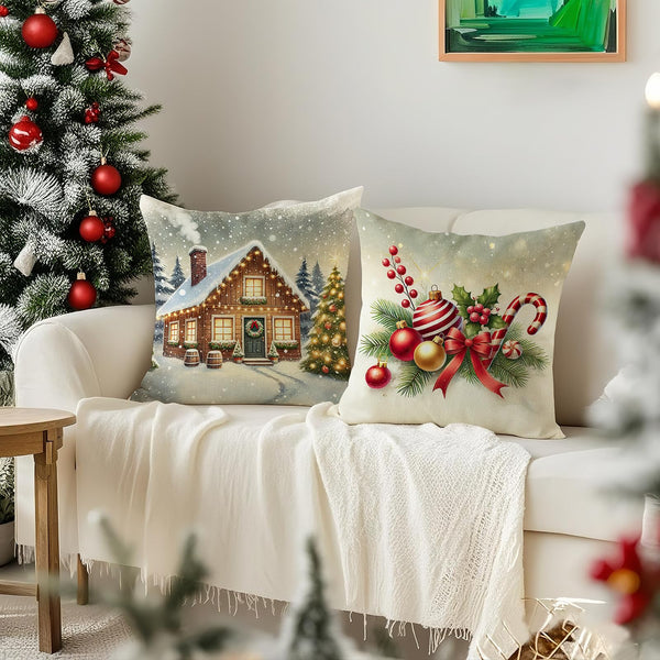 Christmas Pillow Covers 18x18 inch Set of 4, Holiday Winter Outdoor Vintage Tree Snowflake Xmas Snowman