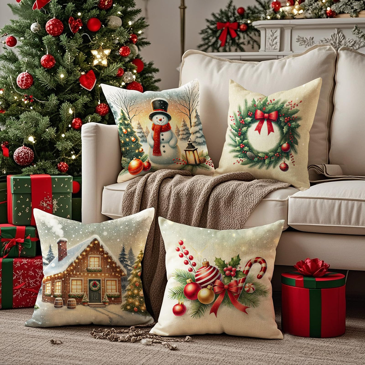 Super Soft Polyester Fabric Christmas Pillow Covers 18x18 inch Set of 4, Holiday Winter Tree