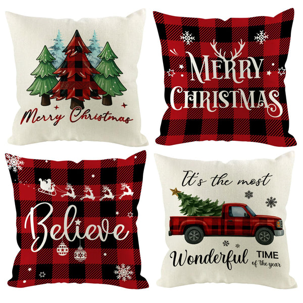 Christmas Pillow Covers 18x18 inch Set of 4, Holiday Winter Indoor Red Plaid Vintage Tree Snowflake
