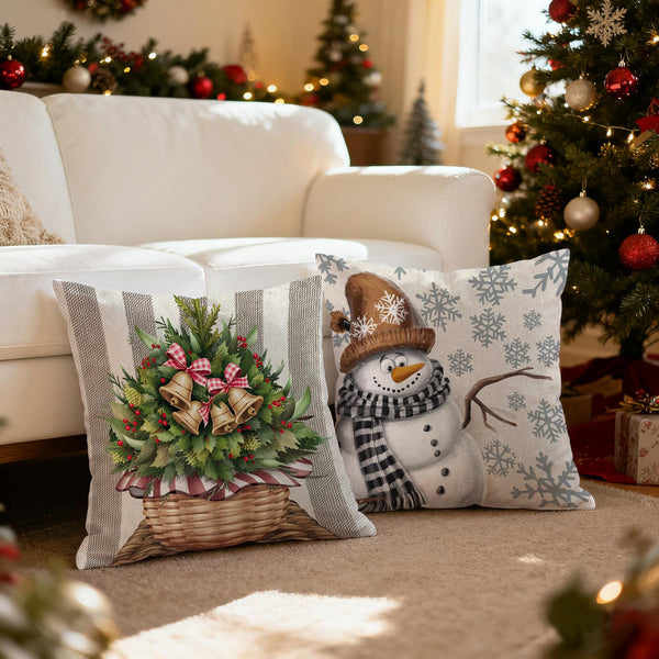 Christmas Pillow Covers 18x18 inch Set of 4, Holiday Winter Outdoor Vintage Snowflake Xmas Snowman Neutral