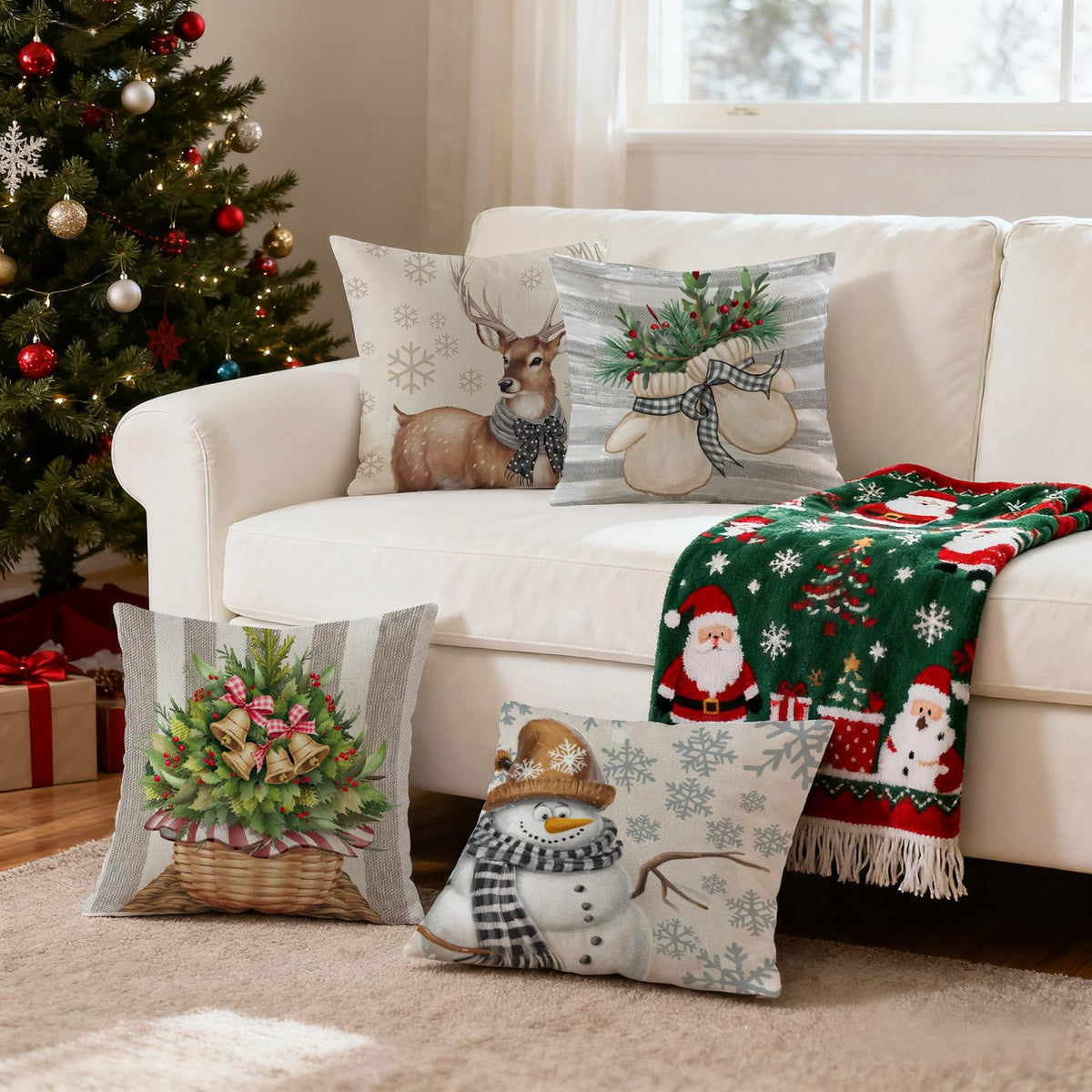 Christmas Pillow Covers 18x18 inch Set of 4, Holiday Winter Outdoor Vintage Snowflake Xmas Snowman Neutral