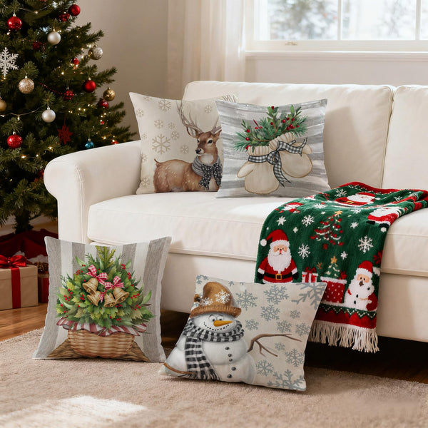 Christmas Pillow Covers 18x18 inch Set of 4, Holiday Winter Outdoor Vintage Snowflake Xmas Snowman Neutral
