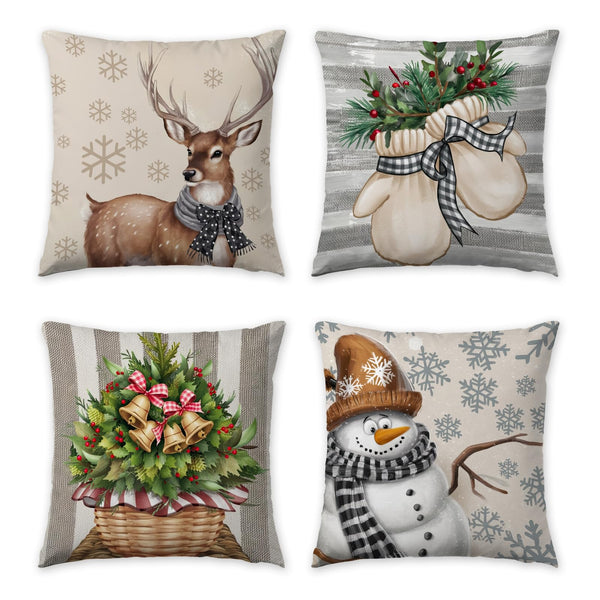 Christmas Pillow Covers 18x18 inch Set of 4, Holiday Winter Outdoor Vintage Snowflake Xmas Snowman Neutral