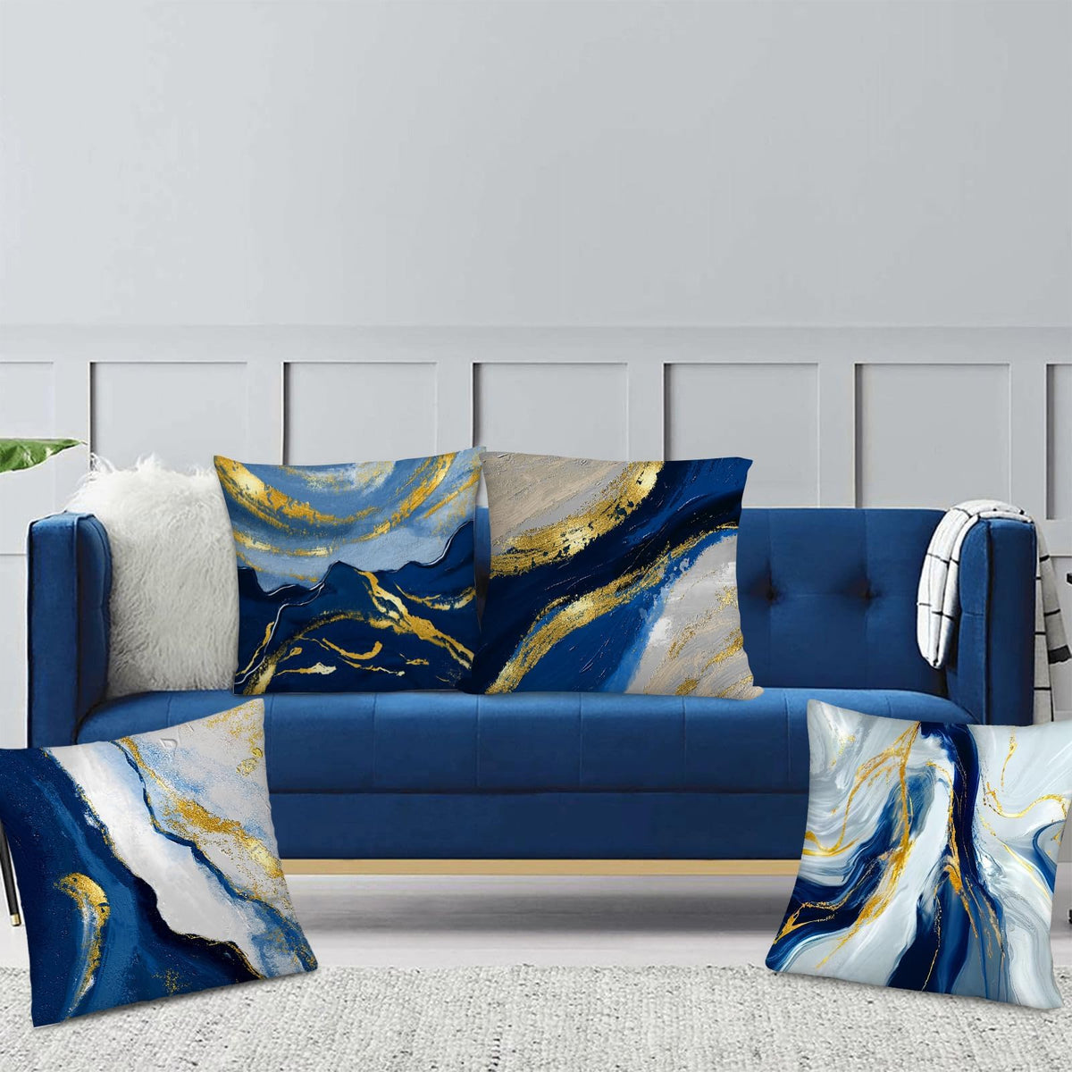 Navy Blue and Gold Throw Pillow Covers 18x18 Inches Set of 4, Modern Decorative Abstract Oil Painting Pillow Cover