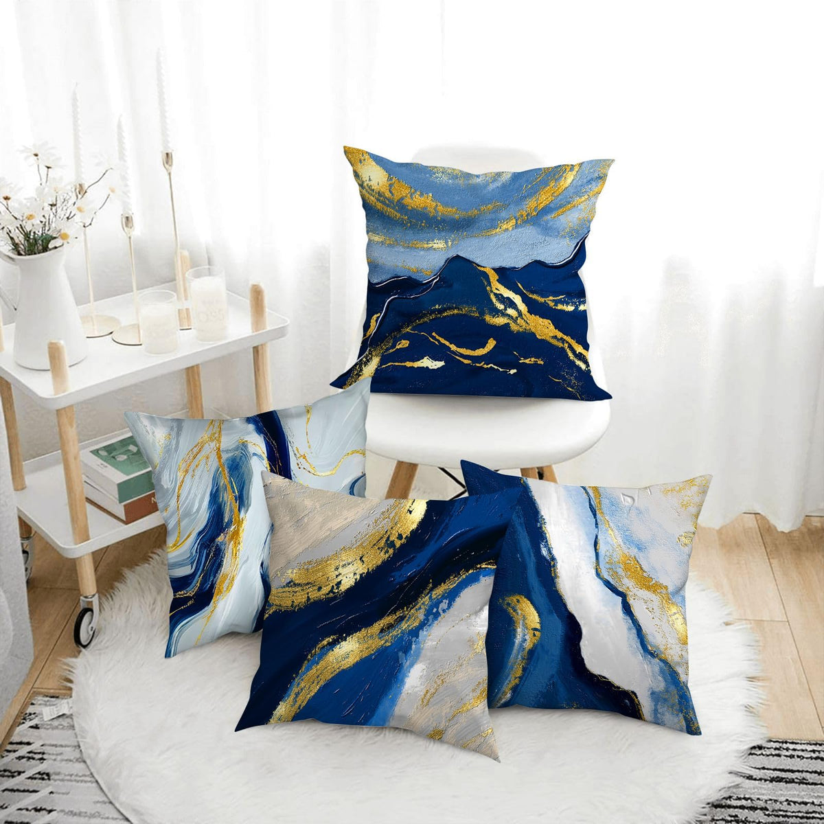 Navy Blue and Gold Throw Pillow Covers 18x18 Inches Set of 4, Modern Decorative Abstract Oil Painting Pillow Cover