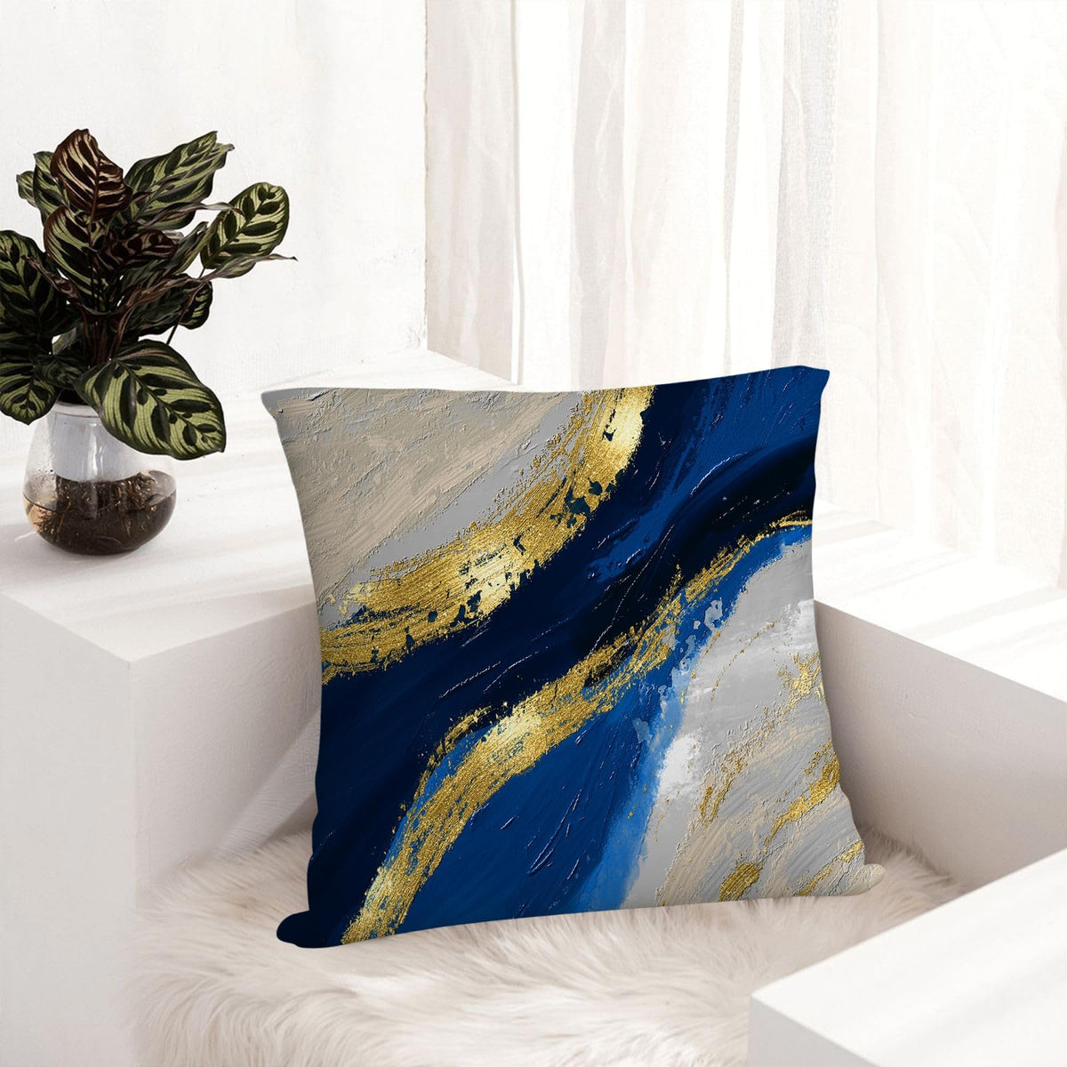 Navy Blue and Gold Throw Pillow Covers 18x18 Inches Set of 4, Modern Decorative Abstract Oil Painting Pillow Cover