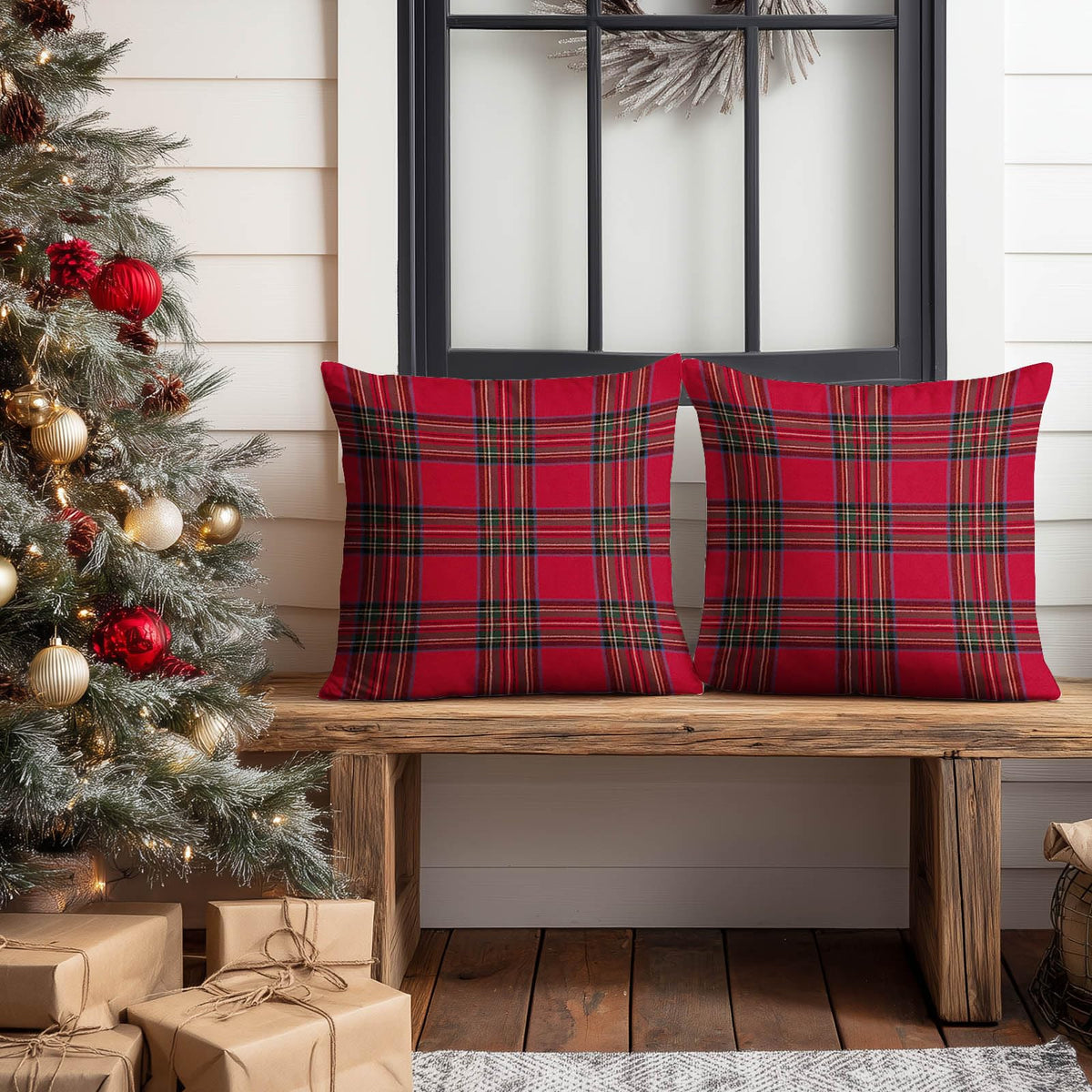 Set of 2 Christmas Throw Pillow Covers 18x18 Inch Soft Decorative Red Plaid Cushion Covers