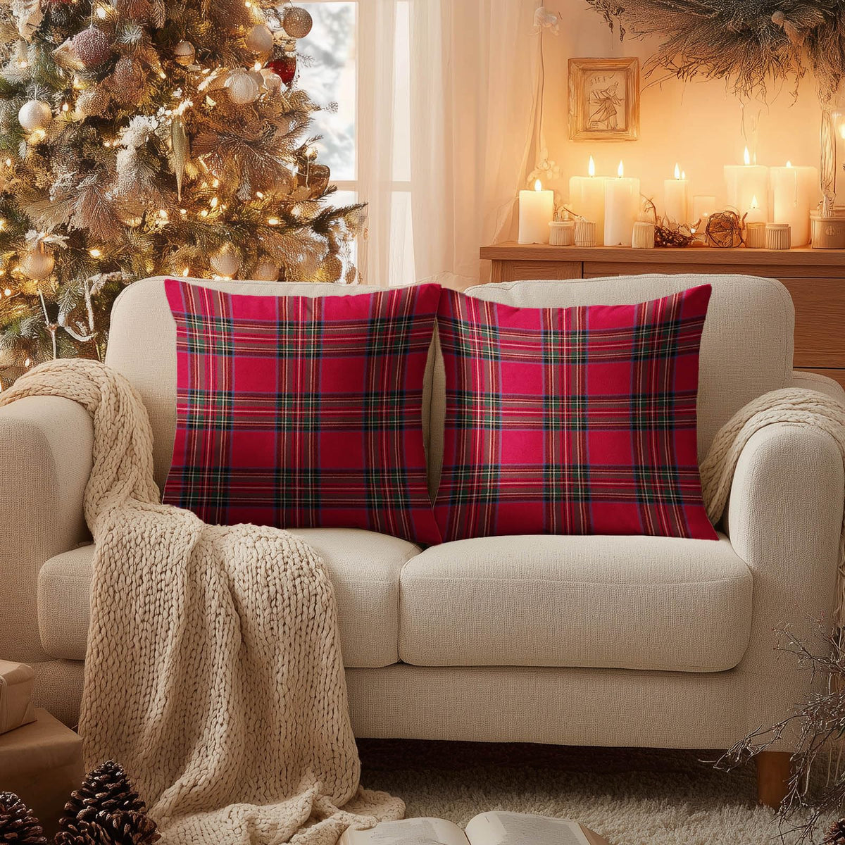 Set of 2 Christmas Throw Pillow Covers 18x18 Inch Soft Decorative Red Plaid Cushion Covers