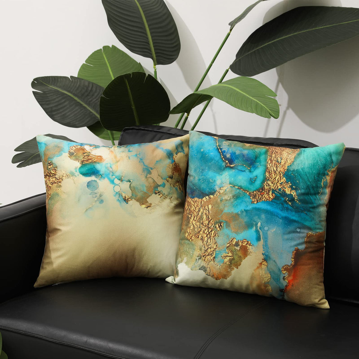 Teal and Gold Throw Pillow Covers 18x18 inch Set of 4 Turquoise Gold Abstract Pillow Case