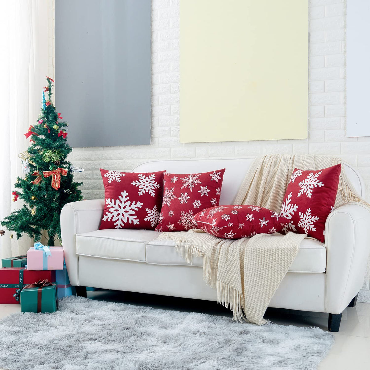 Red Throw Pillow Covers 18x18 Inch for Couch Sofa Living Room, Decorative Soft Christmas Snowflakes Print Square