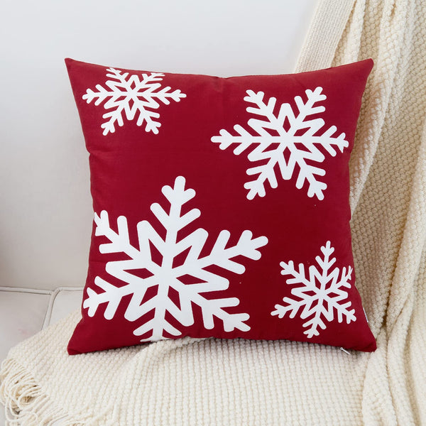 Red Throw Pillow Covers 18x18 Inch for Couch Sofa Living Room, Decorative Soft Christmas Snowflakes Print Square