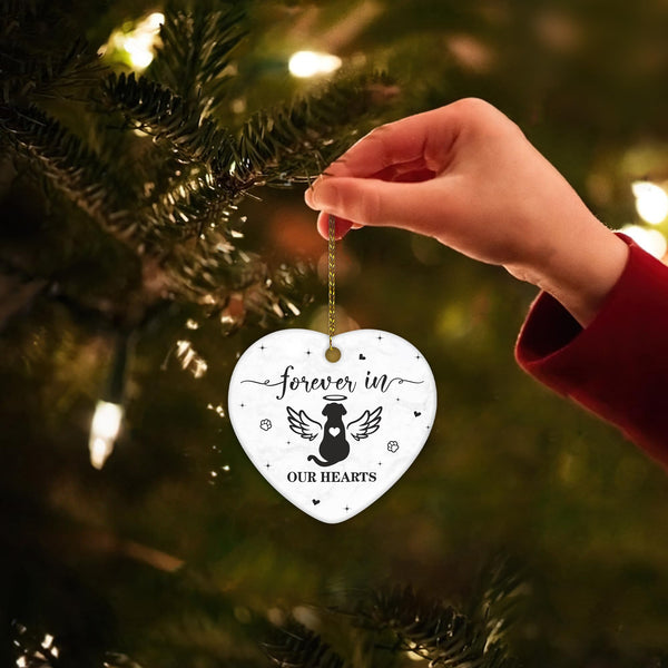 Dog Memorial Heart Ornament - Ceramic Pet Loss Keepsake with Angel Wings - Forever in Our Hearts