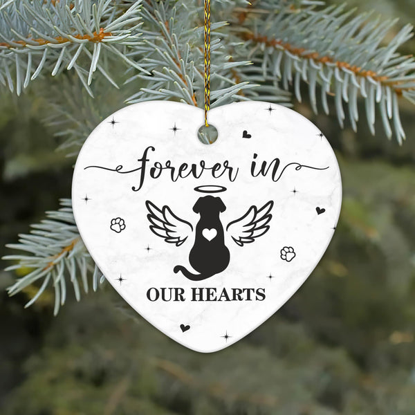 Dog Memorial Heart Ornament - Ceramic Pet Loss Keepsake with Angel Wings - Forever in Our Hearts