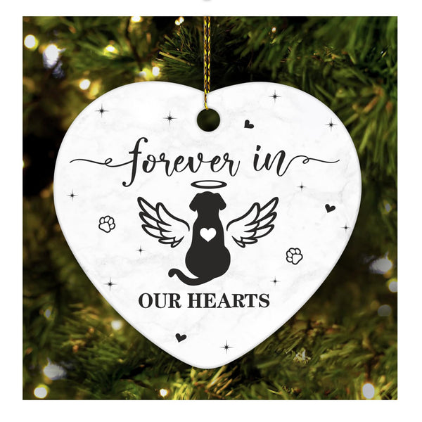 Dog Memorial Heart Ornament - Ceramic Pet Loss Keepsake with Angel Wings - Forever in Our Hearts