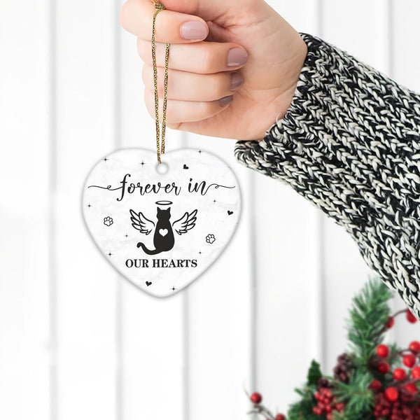 Cat Memorial Heart Ornament - Ceramic Pet Loss Keepsake with Angel Wings - Forever in Our Hearts