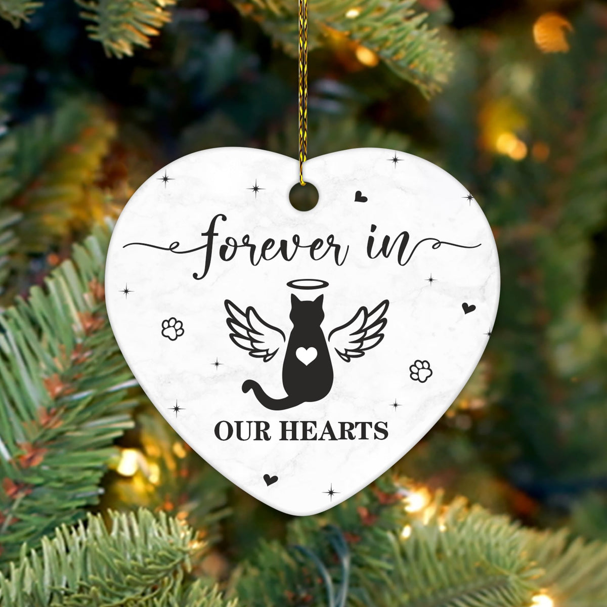 Cat Memorial Heart Ornament - Ceramic Pet Loss Keepsake with Angel Wings - Forever in Our Hearts