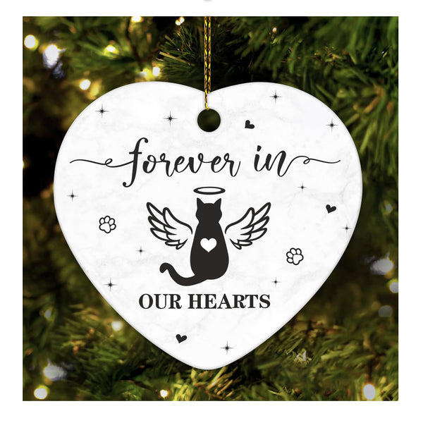 Cat Memorial Heart Ornament - Ceramic Pet Loss Keepsake with Angel Wings - Forever in Our Hearts