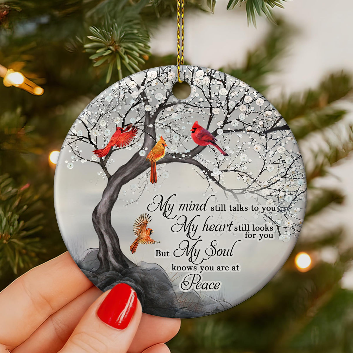 My Mind Still Talks to You Cardinal Circle Ceramic Ornament - Memorial Christmas Ornament Gifts for Loss of Loved One in Heaven