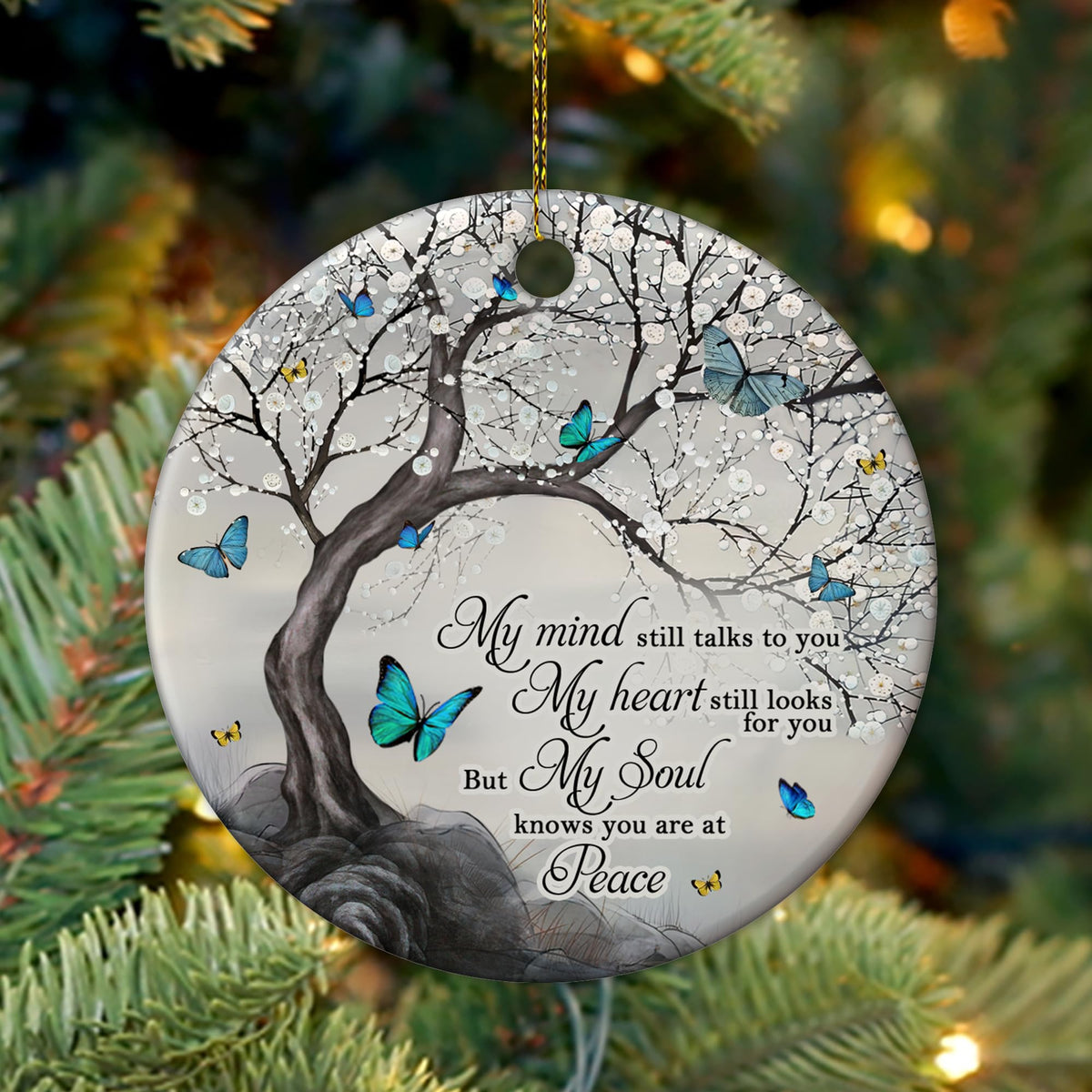 Butterfly Memorial Ornament - Remembrance Ceramic Keepsake with Tree and Quote