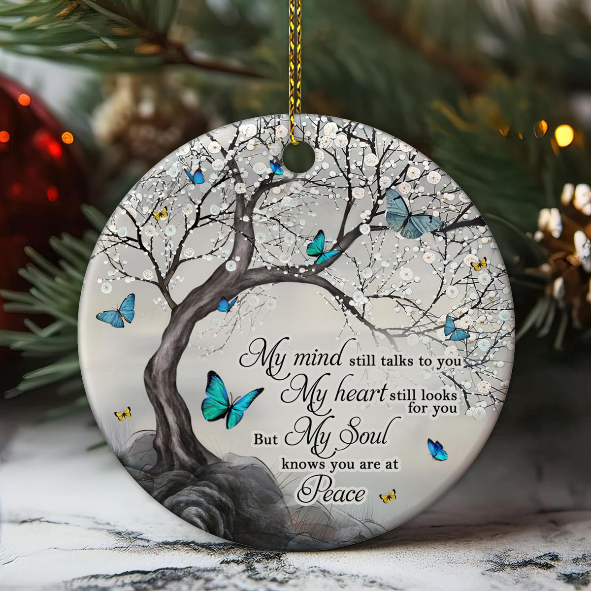 Butterfly Memorial Ornament - Remembrance Ceramic Keepsake with Tree and Quote