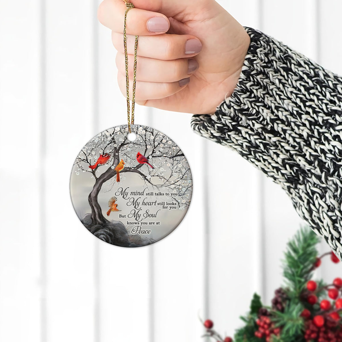My Mind Still Talks to You Cardinal Circle Ceramic Ornament - Memorial Christmas Ornament Gifts for Loss of Loved One in Heaven
