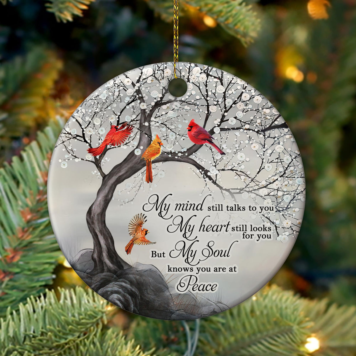 My Mind Still Talks to You Cardinal Circle Ceramic Ornament - Memorial Christmas Ornament Gifts for Loss of Loved One in Heaven