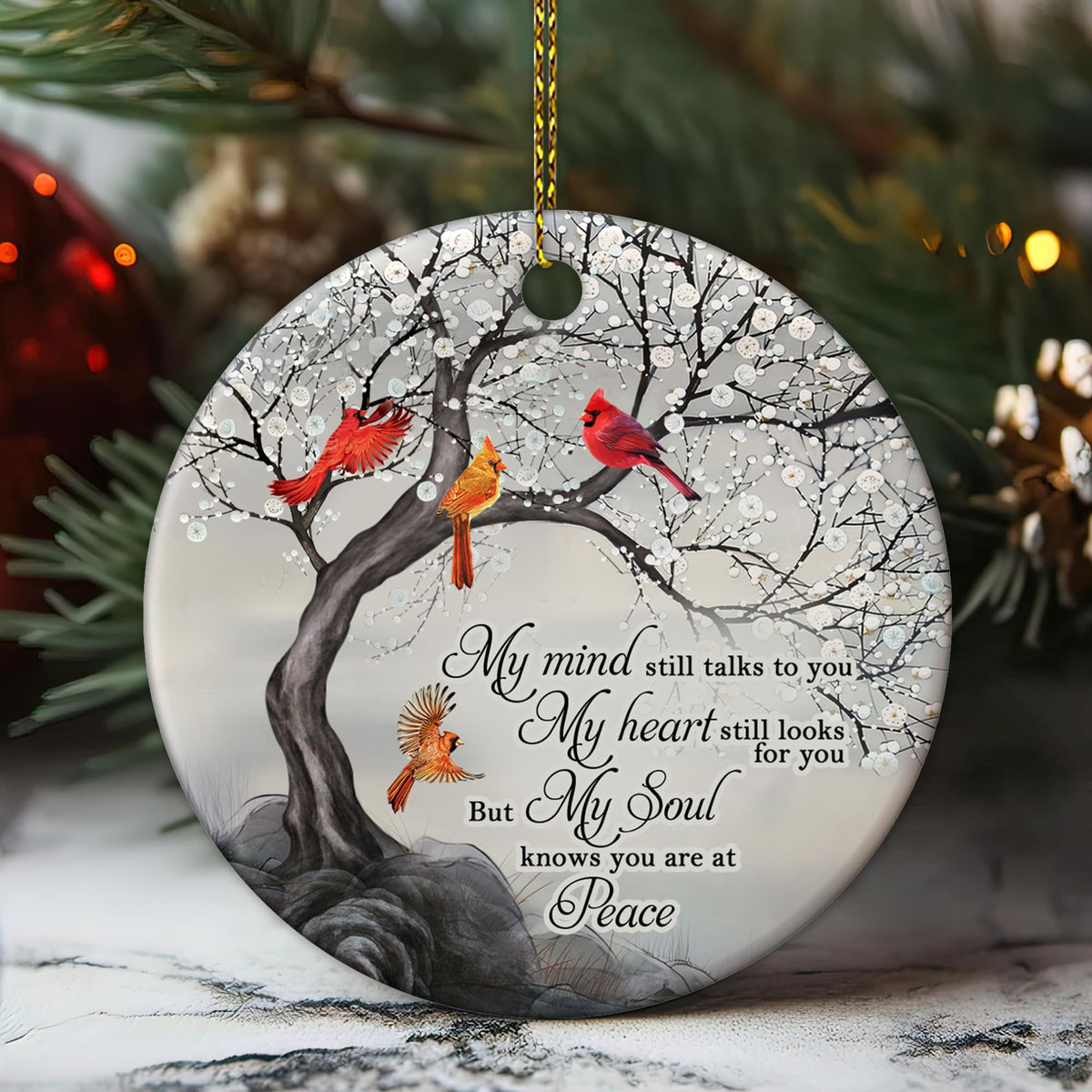 My Mind Still Talks to You Cardinal Circle Ceramic Ornament - Memorial Christmas Ornament Gifts for Loss of Loved One in Heaven