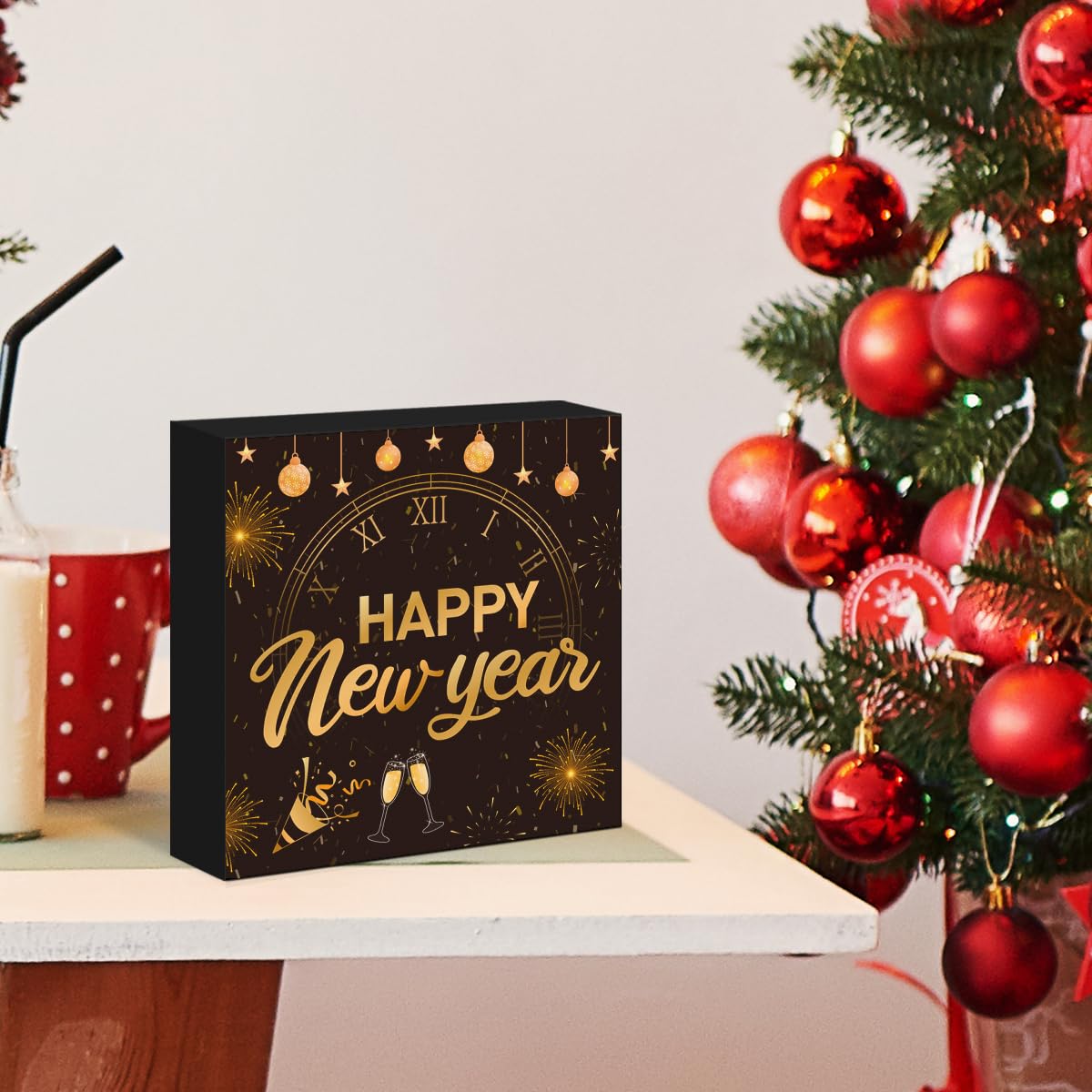 Happy New Year Decorations Gold Black Wooden Box Sign Happy New Year Party Decor