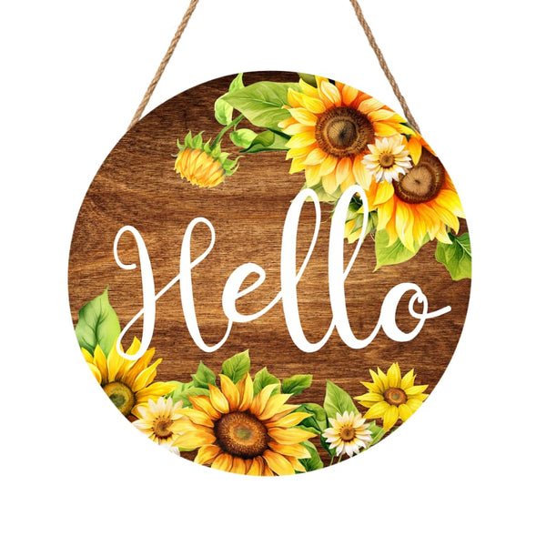 Vintage Hello Sign, Farmhouse Welcome Sunflower Door Sign Round Spring Decor Wood Plaque 8 X 8 Inch Sunflower Wall Decor