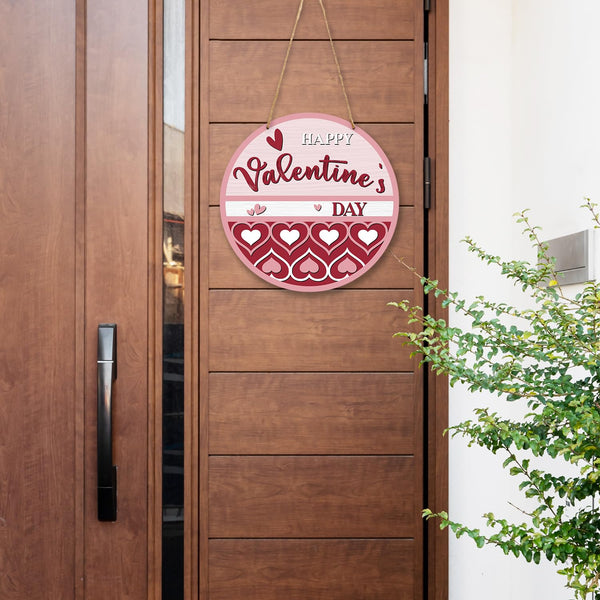 Happy Valentine's Day Sign for Front Door Decor, Red Pink Love Hearts Wood Hanging Sign for Home Wall Porch Indoor Outdoor