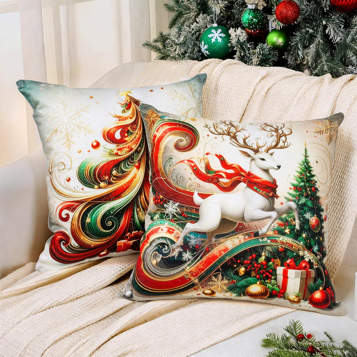 Christmas Throw Pillow Covers 18x18 Set of 4 Winter Holiday Decorative Pillowcase Reindeer Snowman
