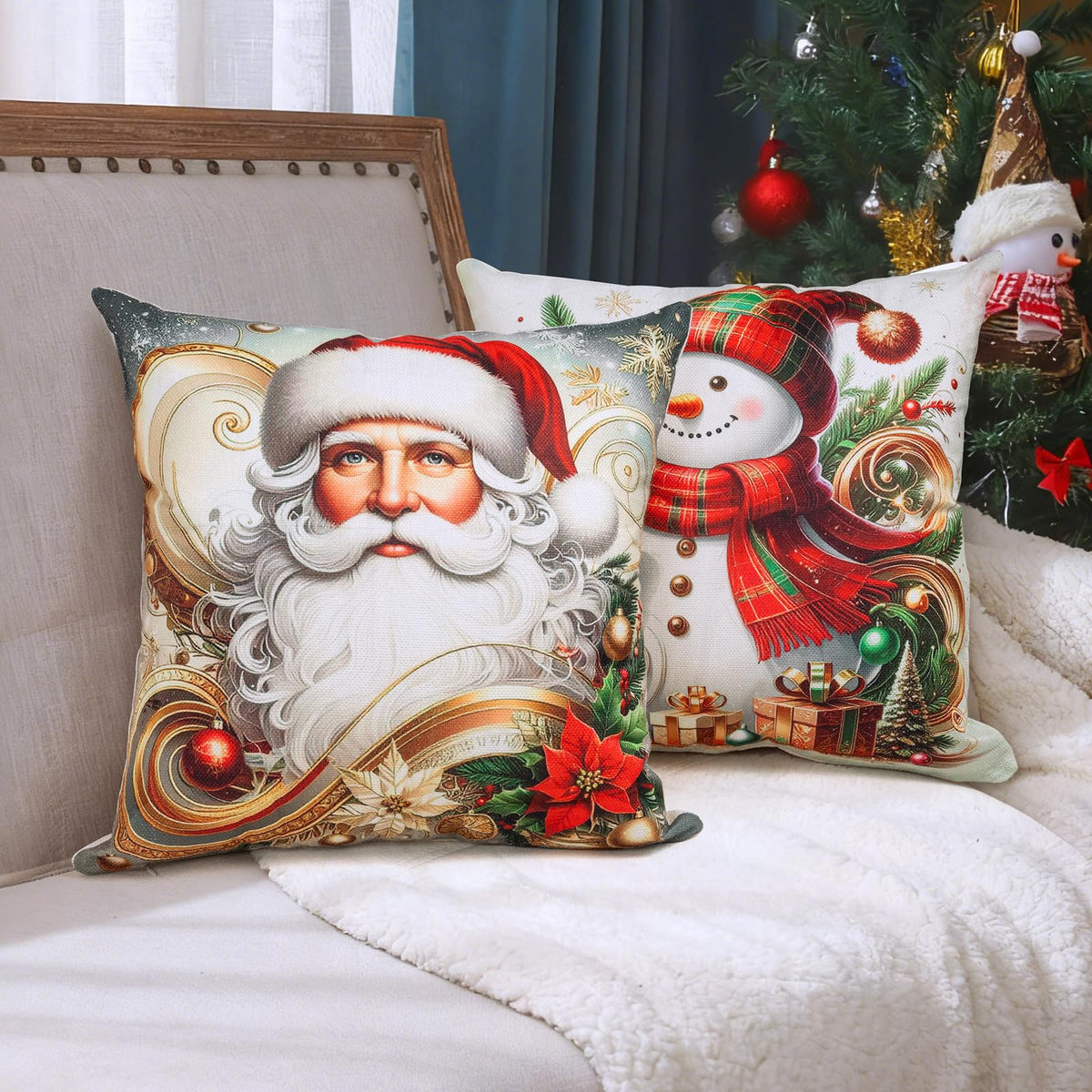 Christmas Throw Pillow Covers 18x18 Set of 4 Winter Holiday Decorative Pillowcase Reindeer Snowman