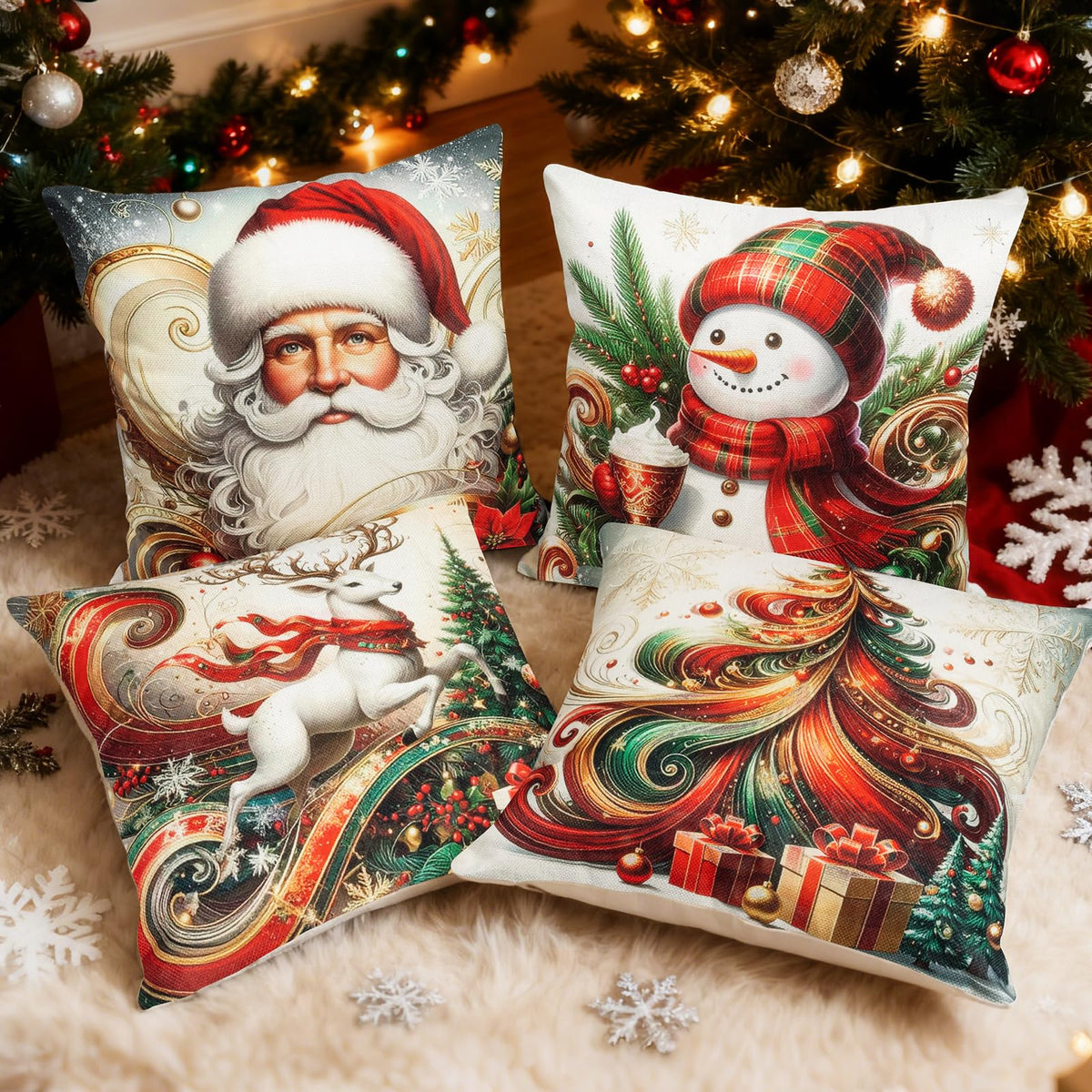 Christmas Throw Pillow Covers 18x18 Set of 4 Winter Holiday Decorative Pillowcase Reindeer Snowman