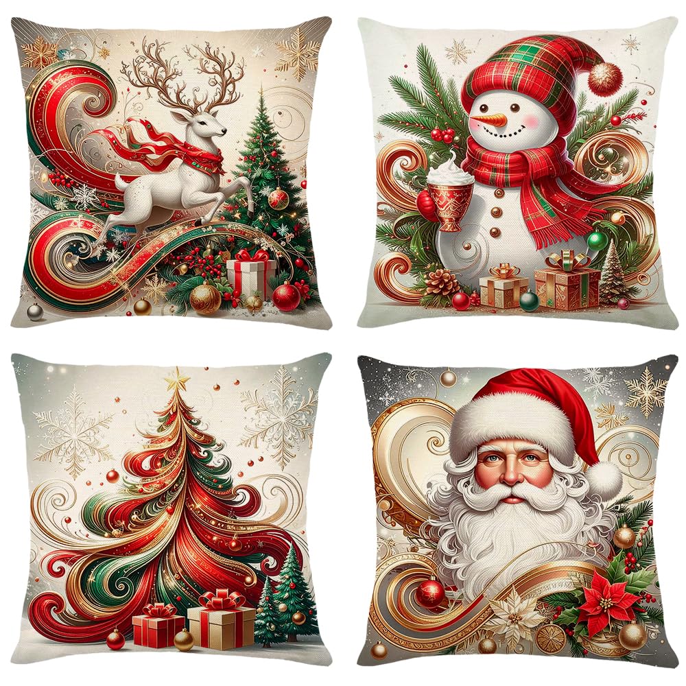 Christmas Throw Pillow Covers 18x18 Set of 4 Winter Holiday Decorative Pillowcase Reindeer Snowman