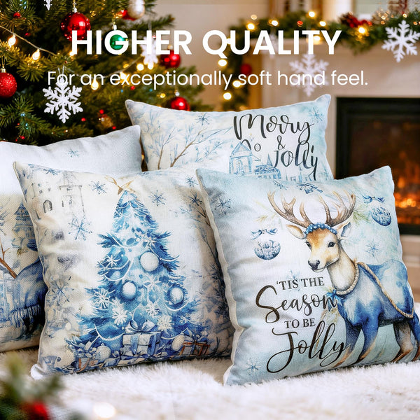 Christmas Throw Pillow Covers 18x18 Set of 4,Merry Christmas Tree Reindeer Sleigh Snowman Blue and White Xmas