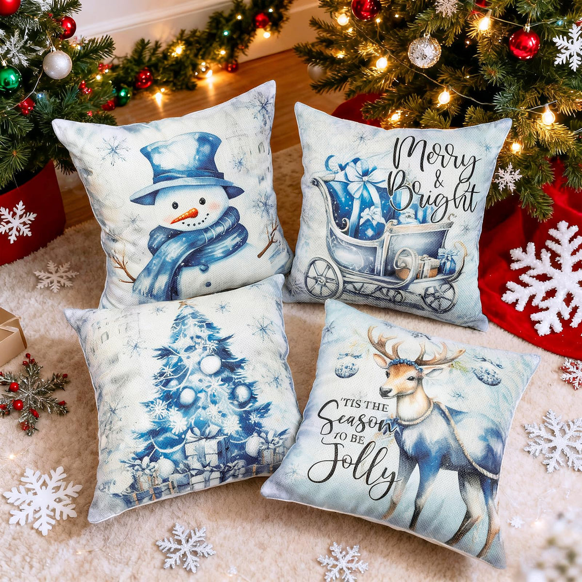 Christmas Throw Pillow Covers 18x18 Set of 4,Merry Christmas Tree Reindeer Sleigh Snowman Blue and White Xmas