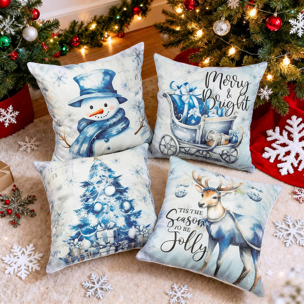 Christmas Throw Pillow Covers 18x18 Set of 4,Merry Christmas Tree Reindeer Sleigh Snowman Blue and White Xmas