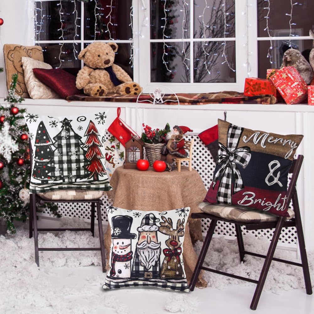 Christmas Throw Pillow Covers Set of 4，18x18 Inch Xmas Trees Snowman Santa Elk Buffalo Plaid Merry Christmas