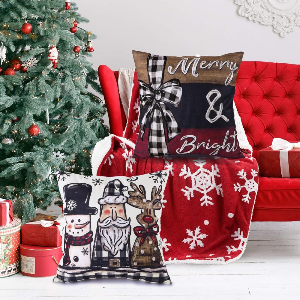 Christmas Throw Pillow Covers Set of 4，18x18 Inch Xmas Trees Snowman Santa Elk Buffalo Plaid Merry Christmas