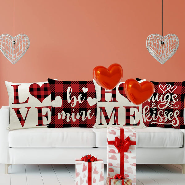 Valentines Day Pillow Covers 18x18 Inch Set of 4 Buffalo Plaid Farmhouse Decoration and Heart Love
