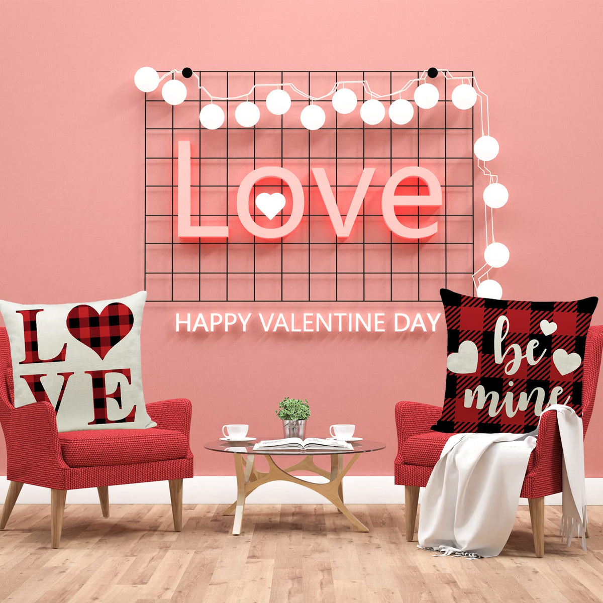 Valentines Day Pillow Covers 18x18 Inch Set of 4 Buffalo Plaid Farmhouse Decoration and Heart Love